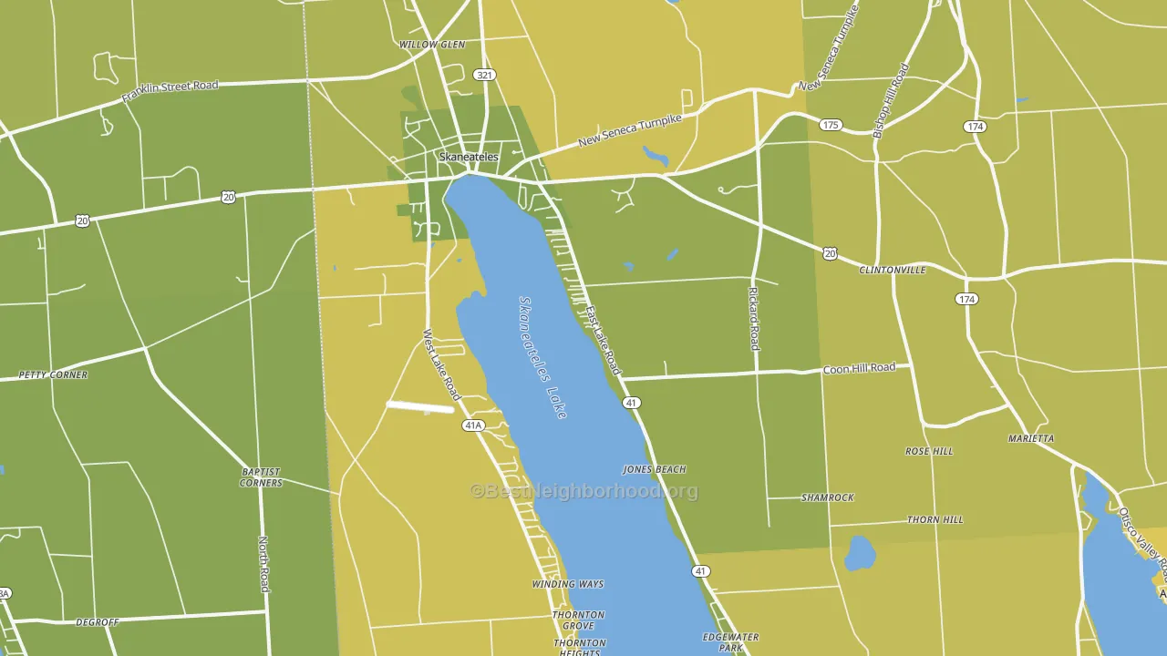 Map of the best neighborhoods in the 13152 area, with better matches in green and worse matches in red