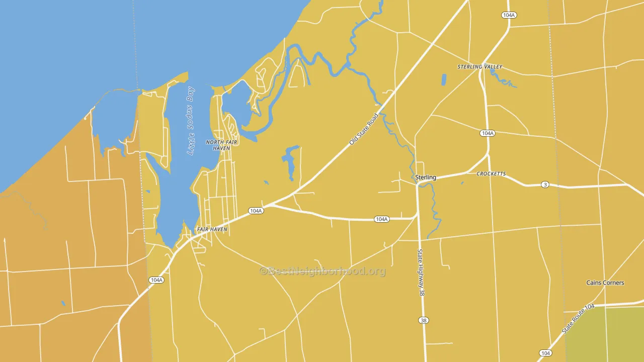 Map of the best neighborhoods in the 13156 area, with better matches in green and worse matches in red