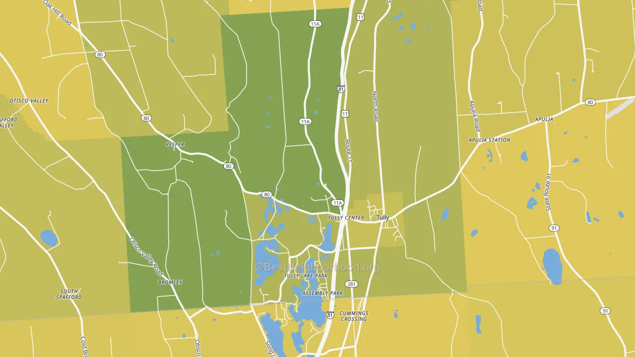 Map of the best neighborhoods in the 13159 area, with better matches in green and worse matches in red