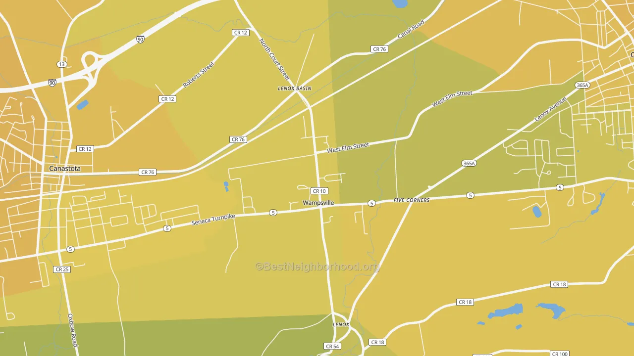 Map of the best neighborhoods in the 13163 area, with better matches in green and worse matches in red