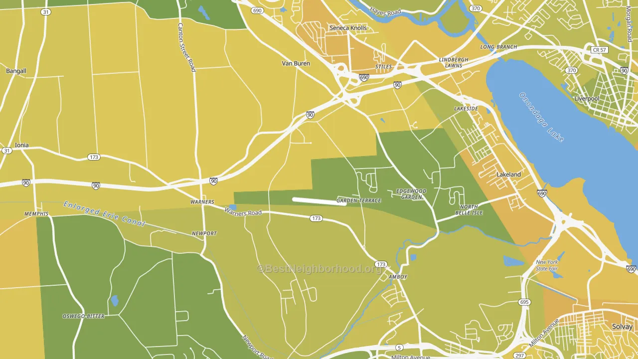 Map of the best neighborhoods in the 13164 area, with better matches in green and worse matches in red