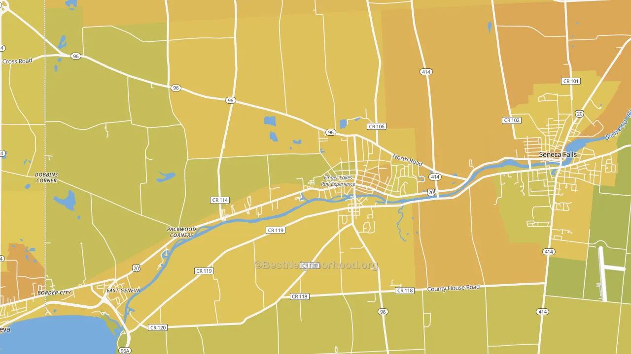 Map of the best neighborhoods in the 13165 area, with better matches in green and worse matches in red