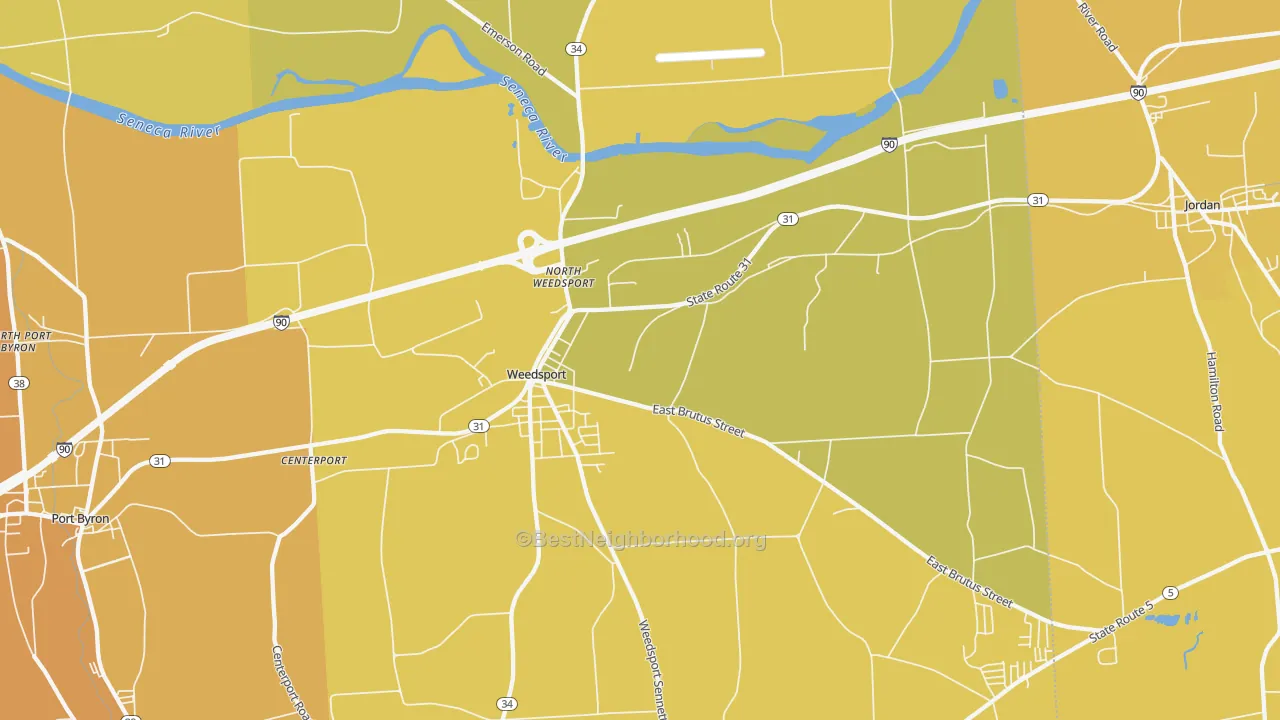 Map of the best neighborhoods in the 13166 area, with better matches in green and worse matches in red