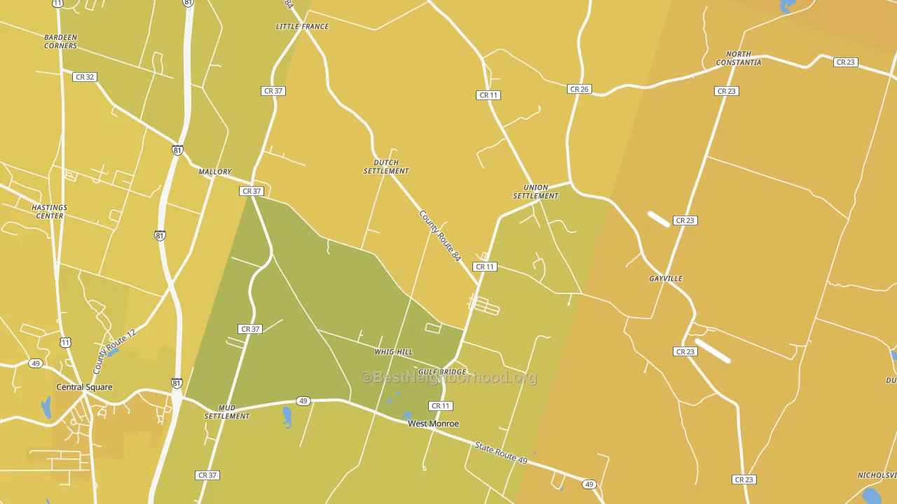 Map of the best neighborhoods in the 13167 area, with better matches in green and worse matches in red