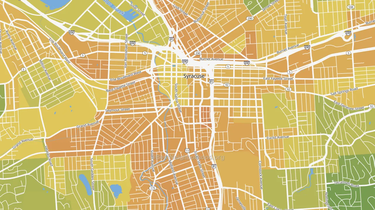 Map of the best neighborhoods in the 13202 area, with better matches in green and worse matches in red