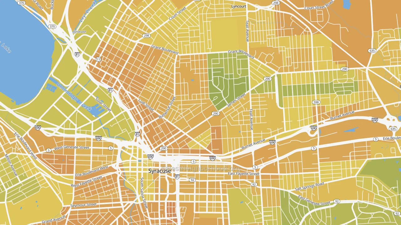 Map of the best neighborhoods in the 13203 area, with better matches in green and worse matches in red