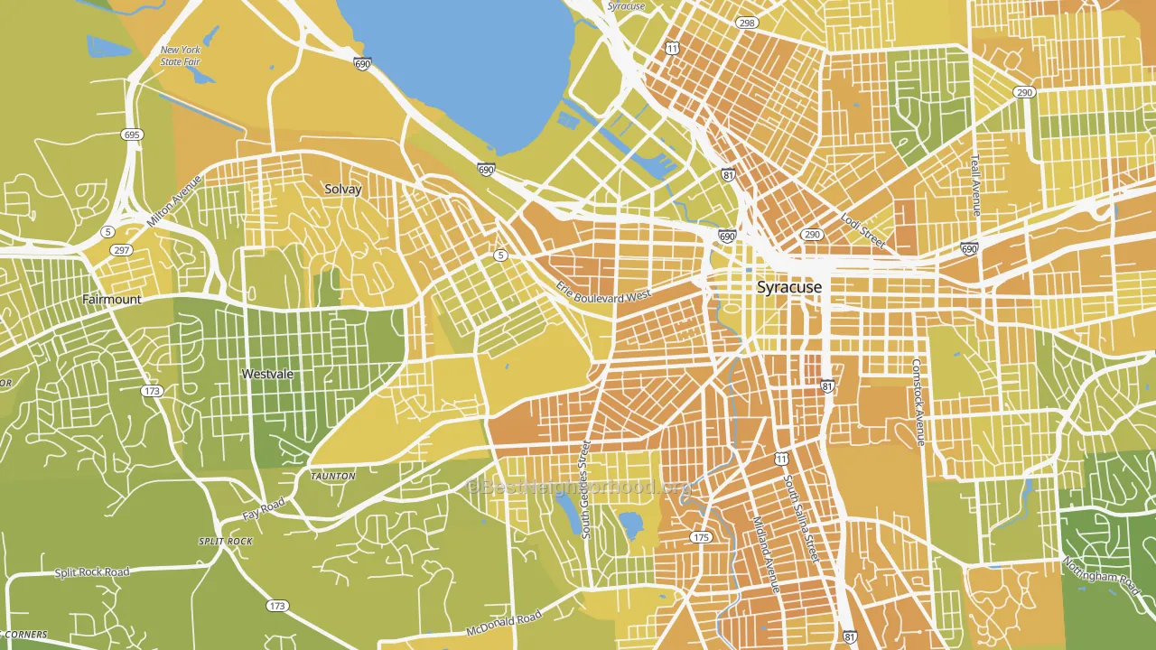 Map of the best neighborhoods in the 13204 area, with better matches in green and worse matches in red
