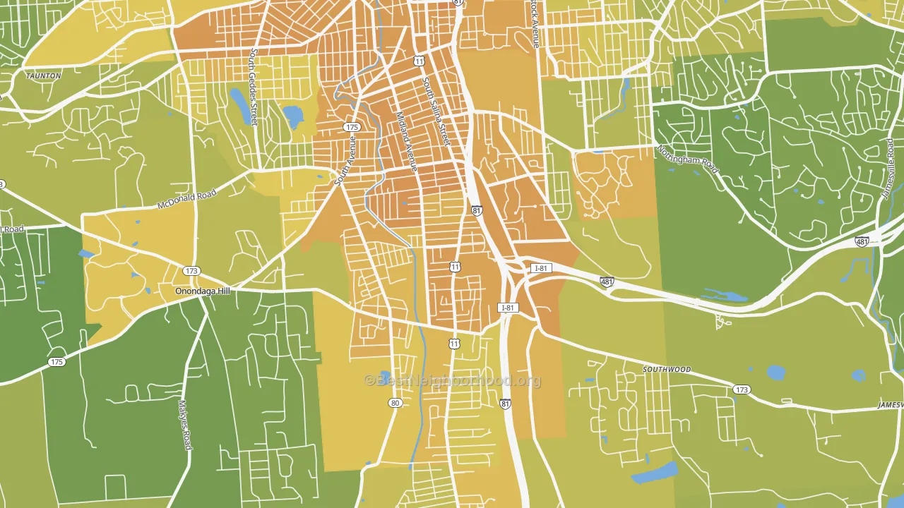 Map of the best neighborhoods in the 13205 area, with better matches in green and worse matches in red
