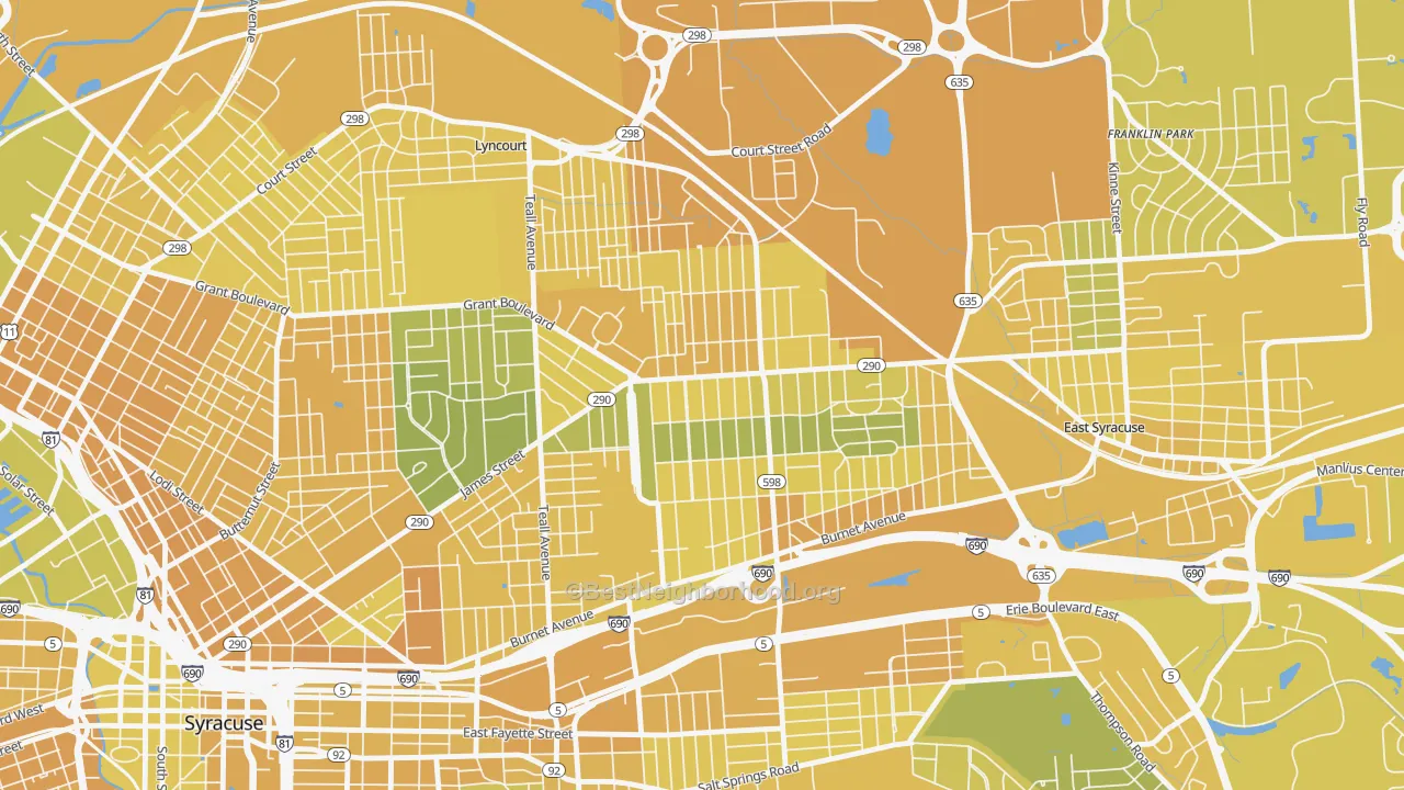 Map of the best neighborhoods in the 13206 area, with better matches in green and worse matches in red