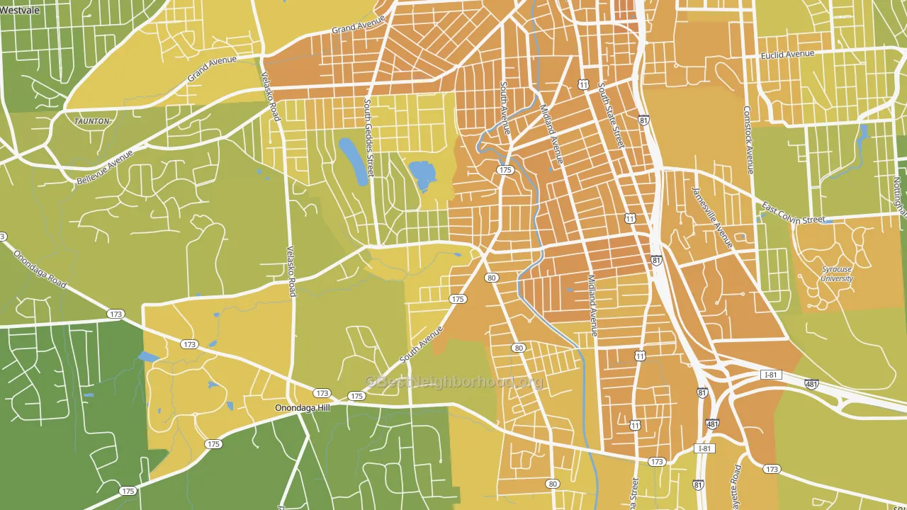 Map of the best neighborhoods in the 13207 area, with better matches in green and worse matches in red