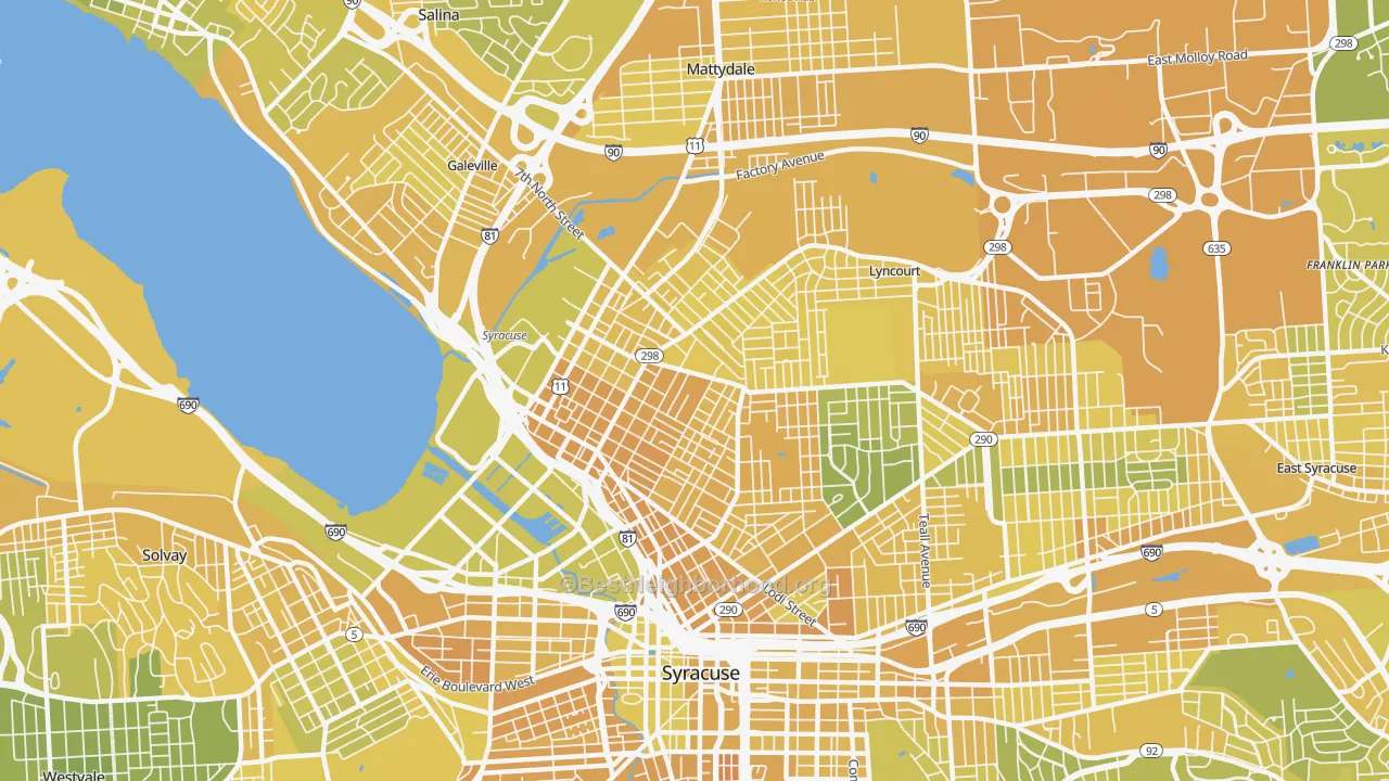 Map of the best neighborhoods in the 13208 area, with better matches in green and worse matches in red