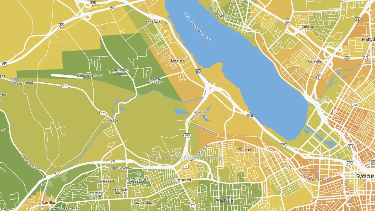 Map of the best neighborhoods in the 13209 area, with better matches in green and worse matches in red