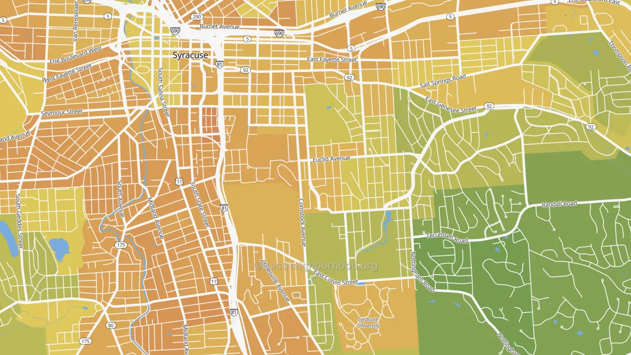 Map of the best neighborhoods in the 13210 area, with better matches in green and worse matches in red