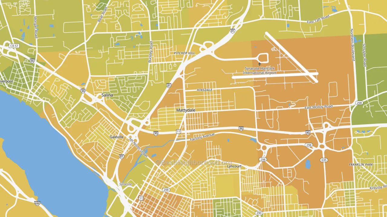 Map of the best neighborhoods in the 13211 area, with better matches in green and worse matches in red