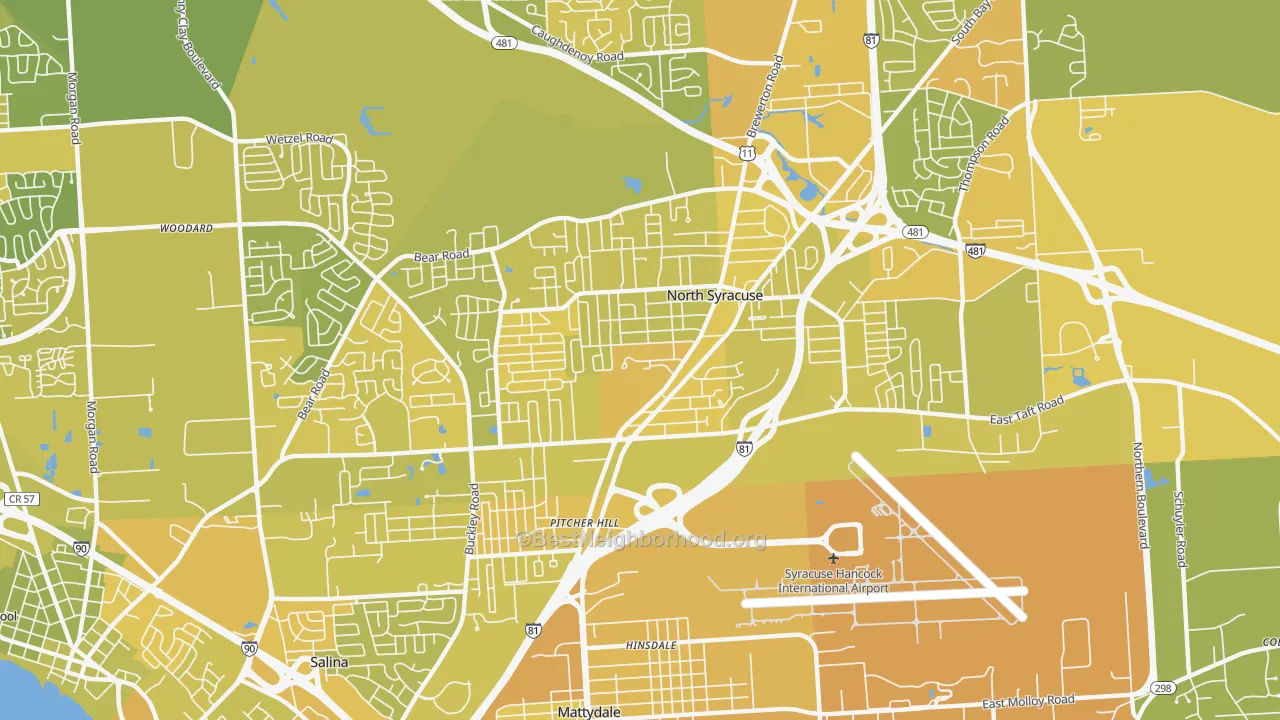 Map of the best neighborhoods in the 13212 area, with better matches in green and worse matches in red