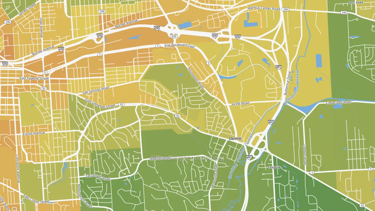 Map of the best neighborhoods in the 13214 area, with better matches in green and worse matches in red