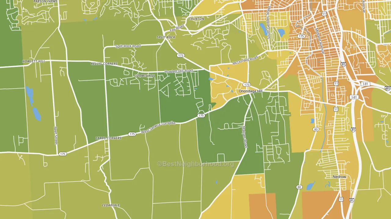 Map of the best neighborhoods in the 13215 area, with better matches in green and worse matches in red