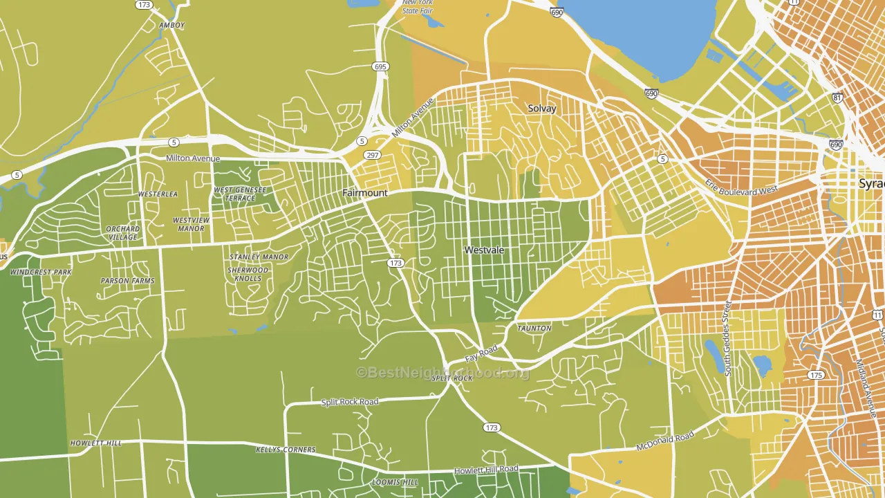 Map of the best neighborhoods in the 13219 area, with better matches in green and worse matches in red