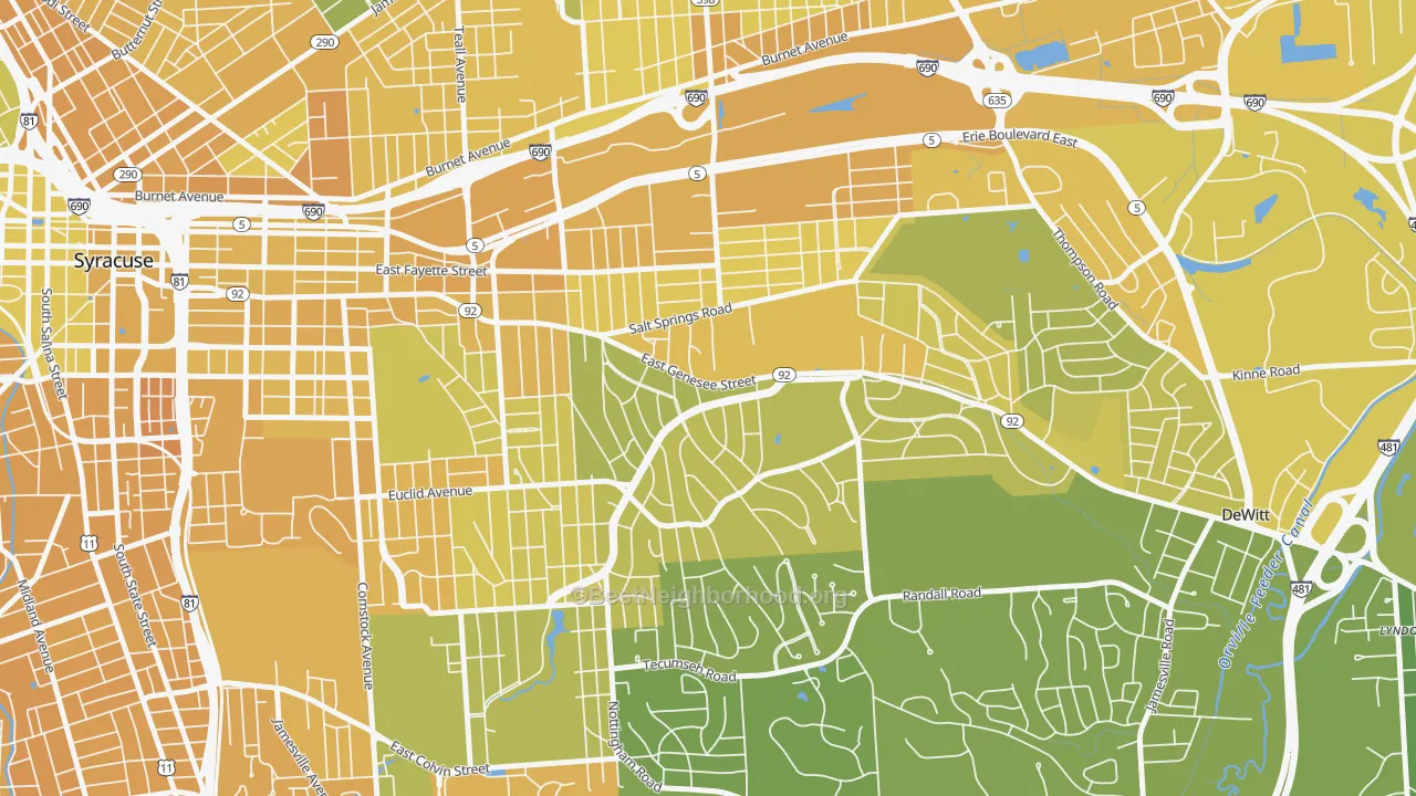 Map of the best neighborhoods in the 13224 area, with better matches in green and worse matches in red