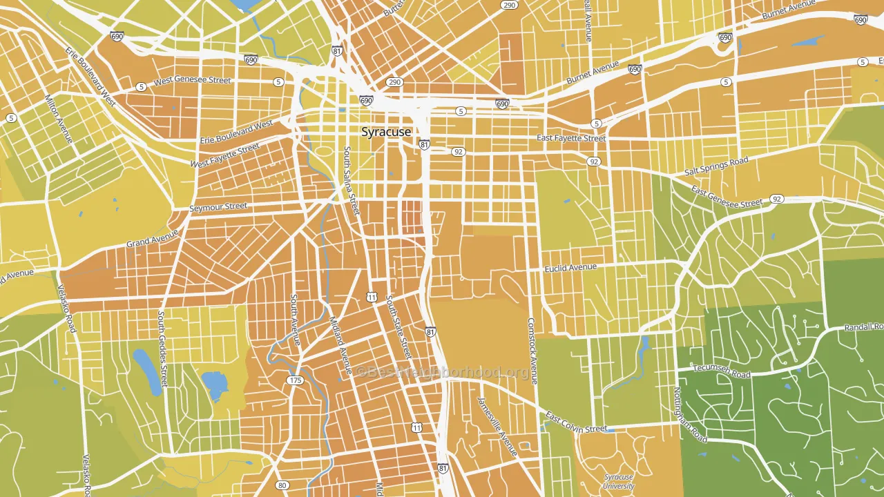 Map of the best neighborhoods in the 13244 area, with better matches in green and worse matches in red
