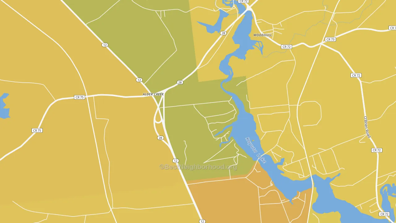Map of the best neighborhoods in the 13301 area, with better matches in green and worse matches in red