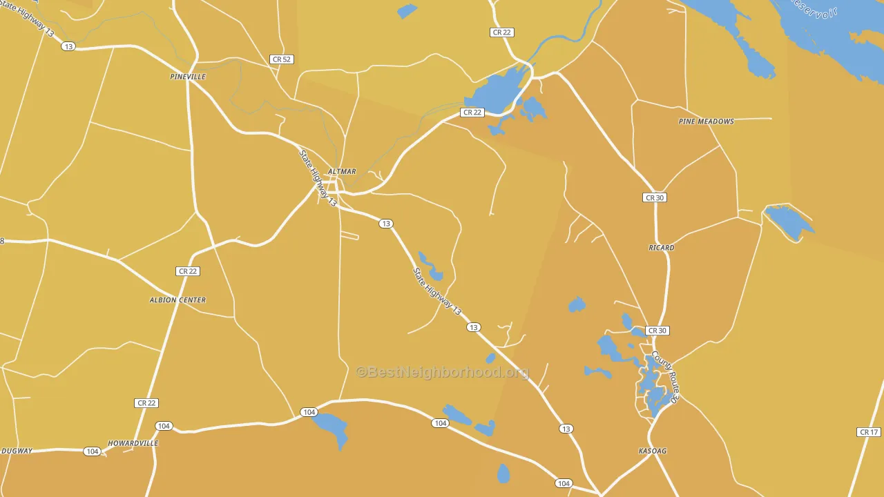 Map of the best neighborhoods in the 13302 area, with better matches in green and worse matches in red