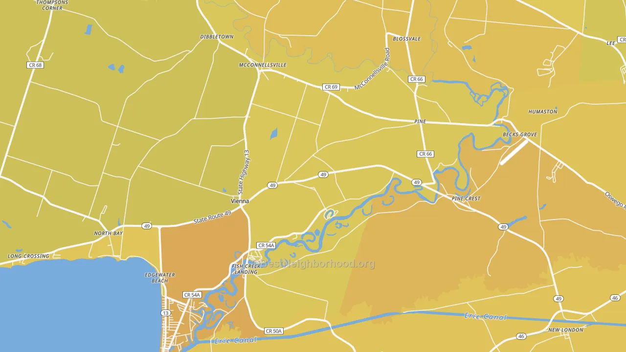 Map of the best neighborhoods in the 13308 area, with better matches in green and worse matches in red