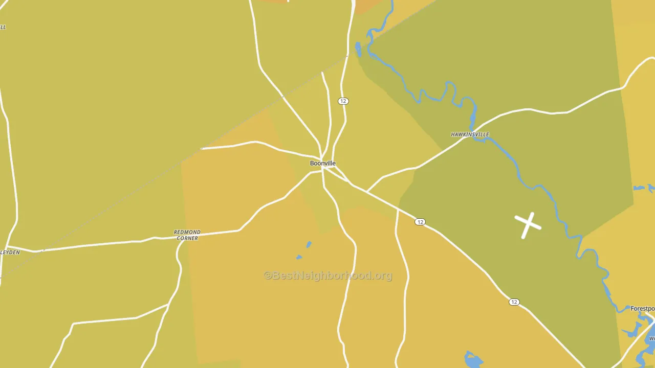Map of the best neighborhoods in the 13309 area, with better matches in green and worse matches in red