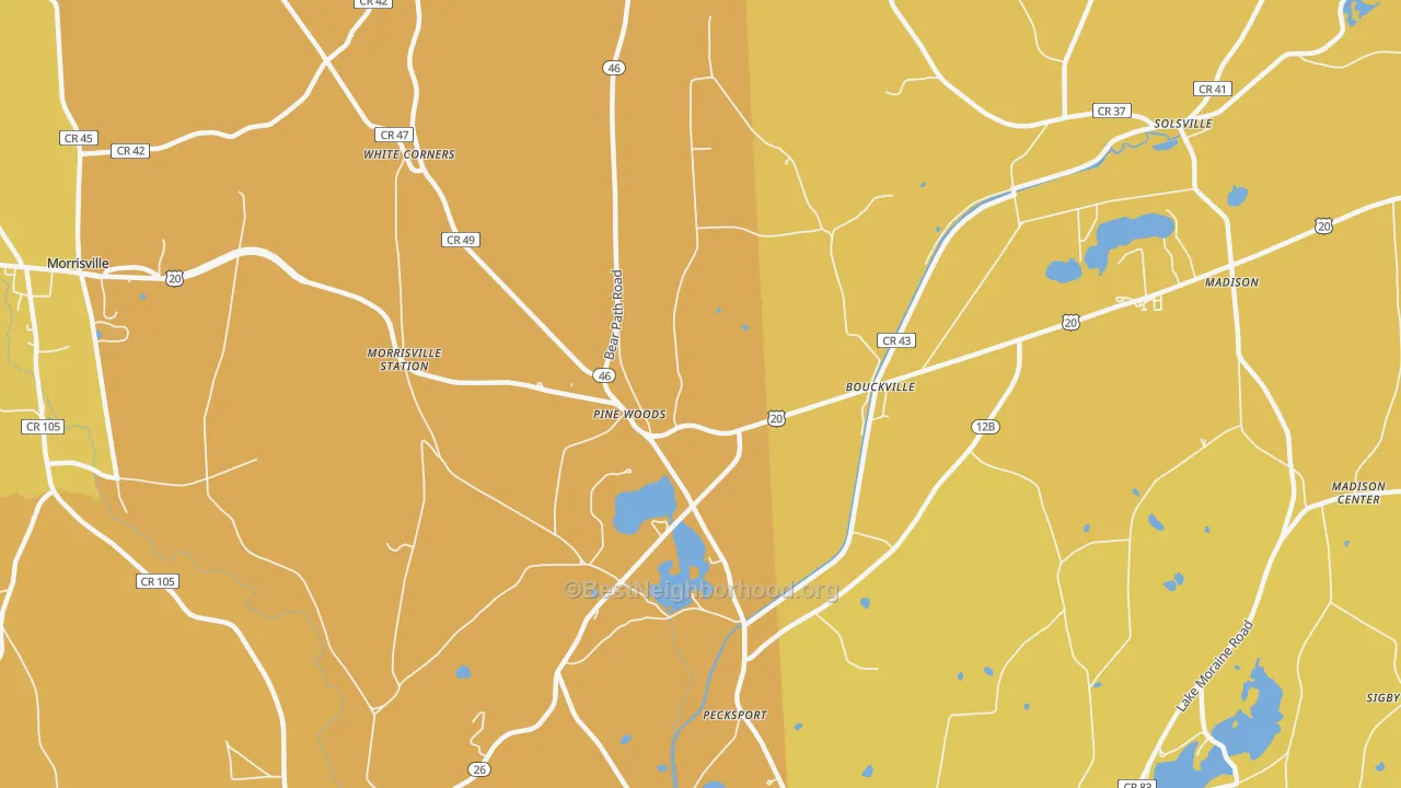 Map of the best neighborhoods in the 13310 area, with better matches in green and worse matches in red