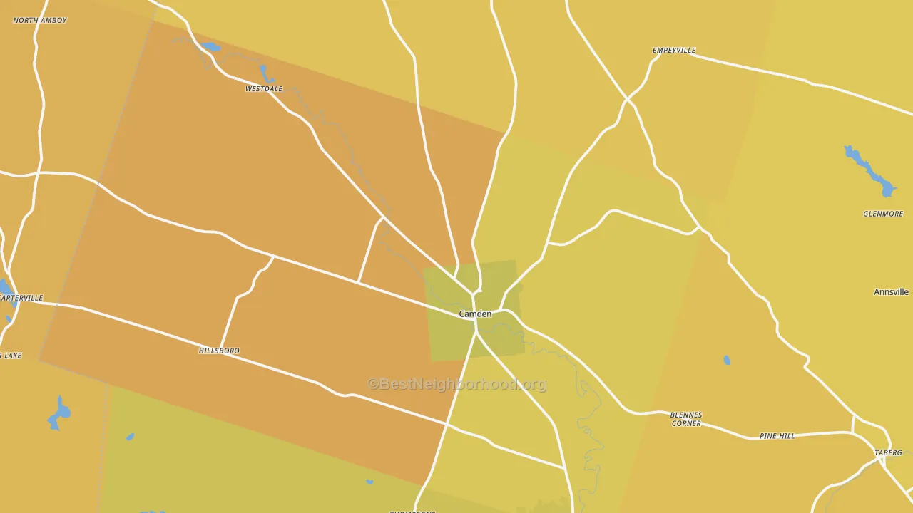 Map of the best neighborhoods in the 13316 area, with better matches in green and worse matches in red
