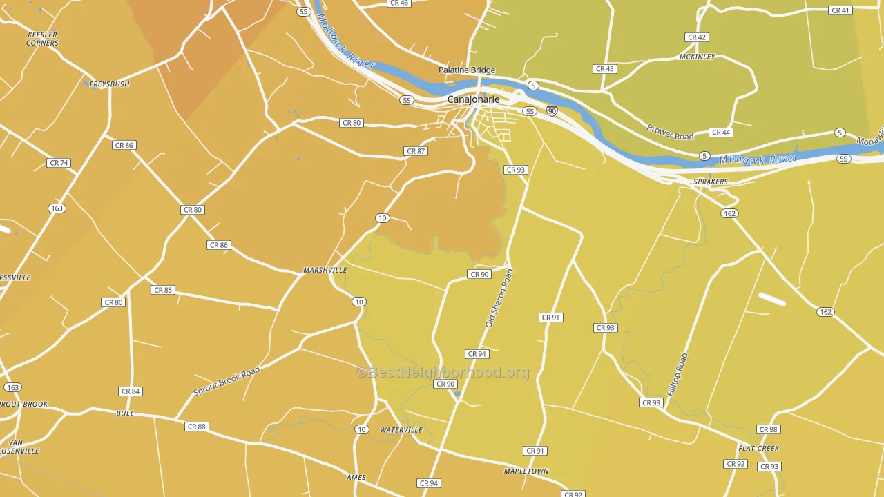 Map of the best neighborhoods in the 13317 area, with better matches in green and worse matches in red