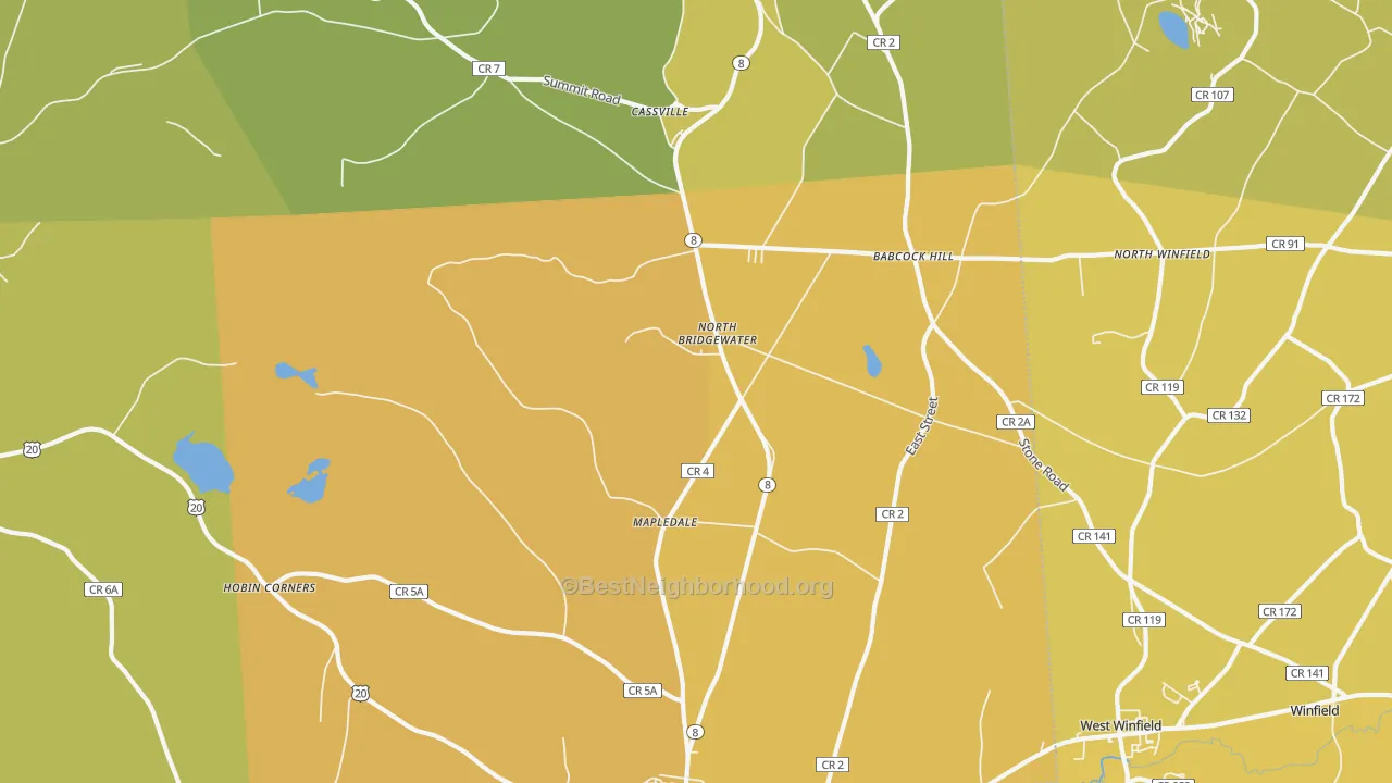 Map of the best neighborhoods in the 13318 area, with better matches in green and worse matches in red
