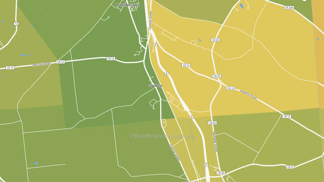 Map of the best neighborhoods in the 13319 area, with better matches in green and worse matches in red