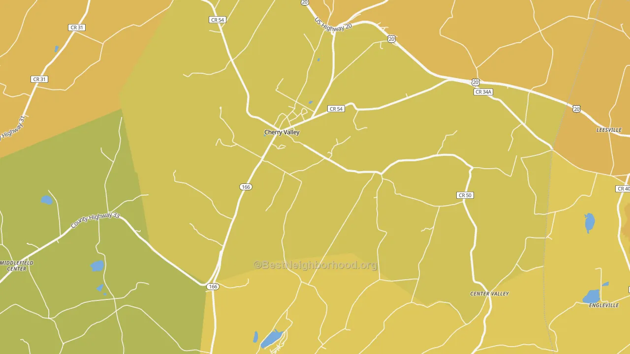 Map of the best neighborhoods in the 13320 area, with better matches in green and worse matches in red