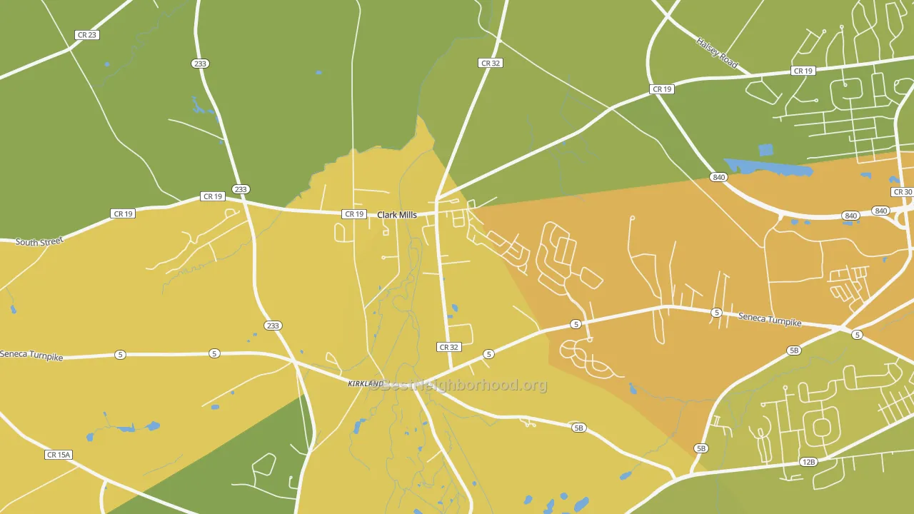 Map of the best neighborhoods in the 13321 area, with better matches in green and worse matches in red