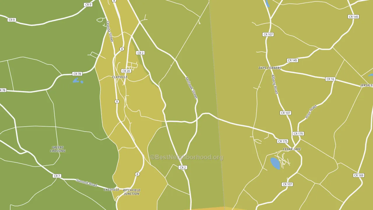 Map of the best neighborhoods in the 13322 area, with better matches in green and worse matches in red