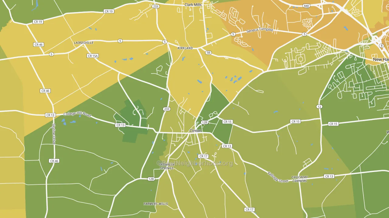 Map of the best neighborhoods in the 13323 area, with better matches in green and worse matches in red
