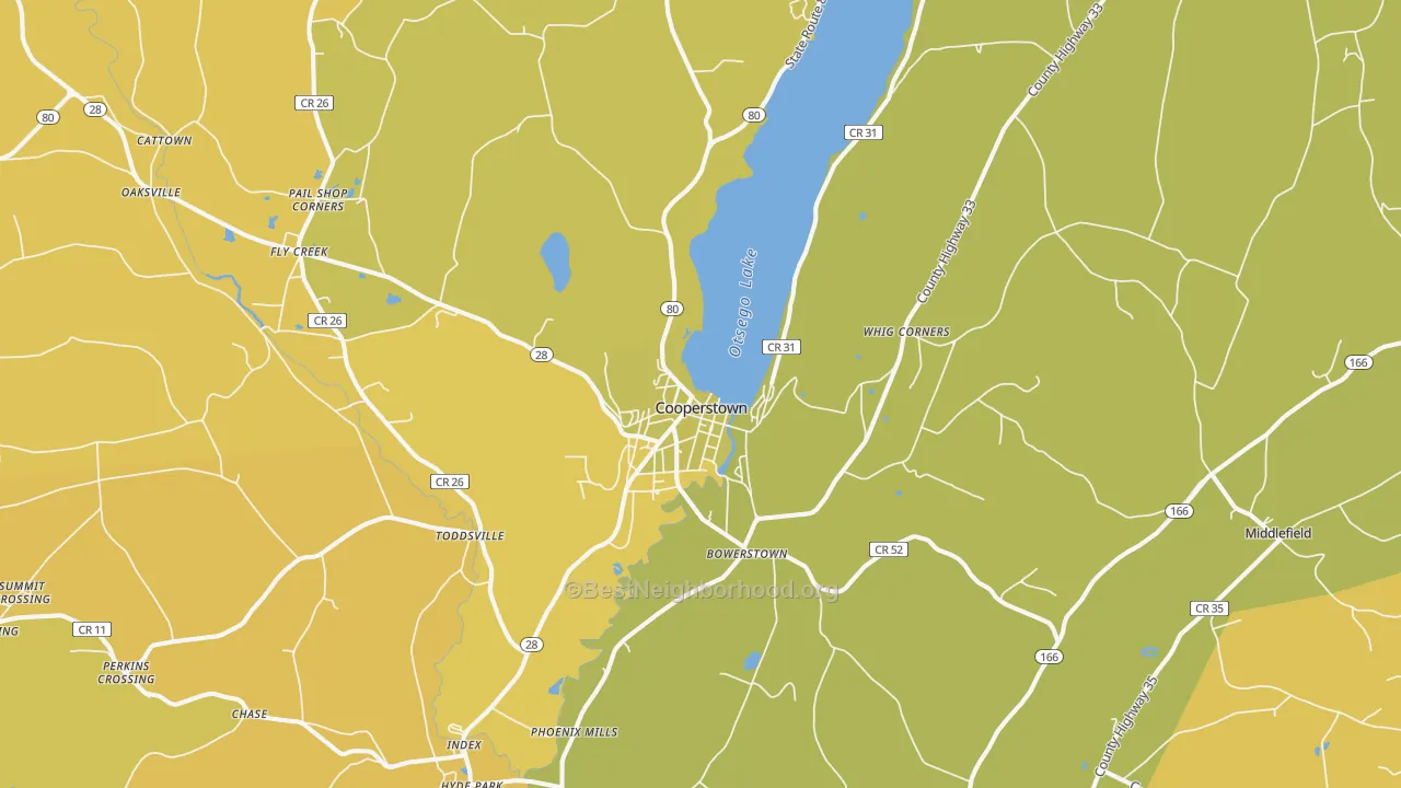 Map of the best neighborhoods in the 13326 area, with better matches in green and worse matches in red
