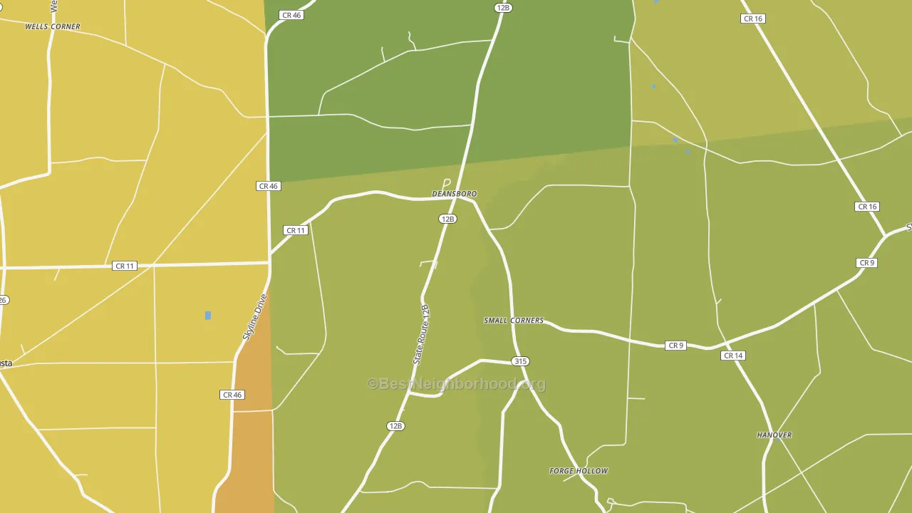 Map of the best neighborhoods in the 13328 area, with better matches in green and worse matches in red