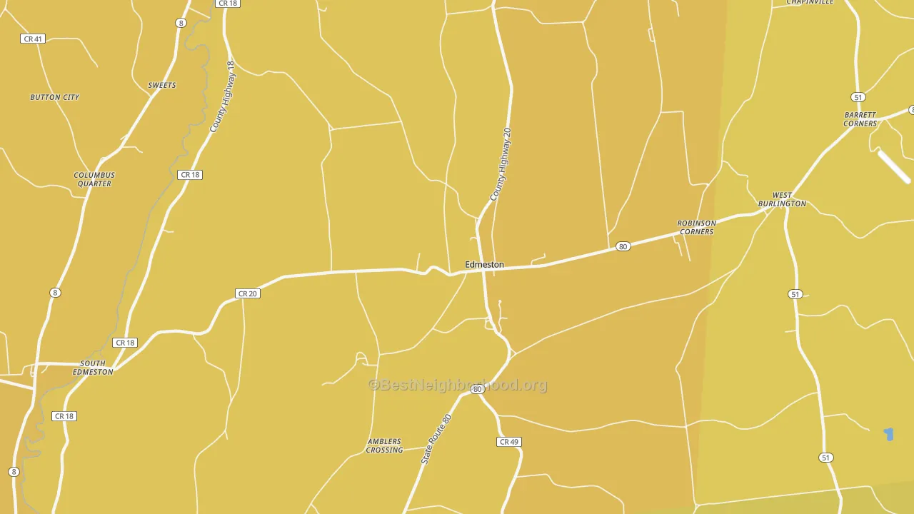 Map of the best neighborhoods in the 13335 area, with better matches in green and worse matches in red