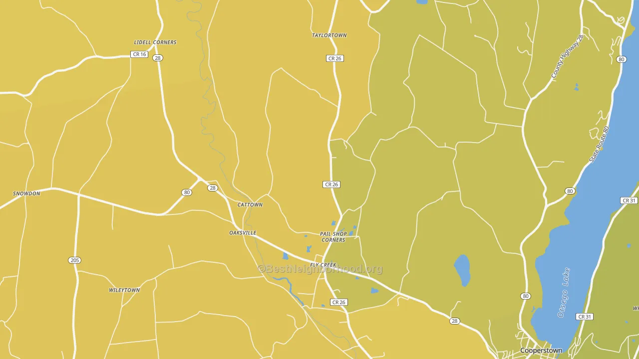 Map of the best neighborhoods in the 13337 area, with better matches in green and worse matches in red