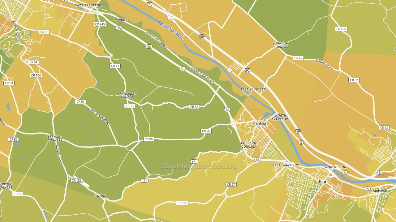 Map of the best neighborhoods in the 13340 area, with better matches in green and worse matches in red