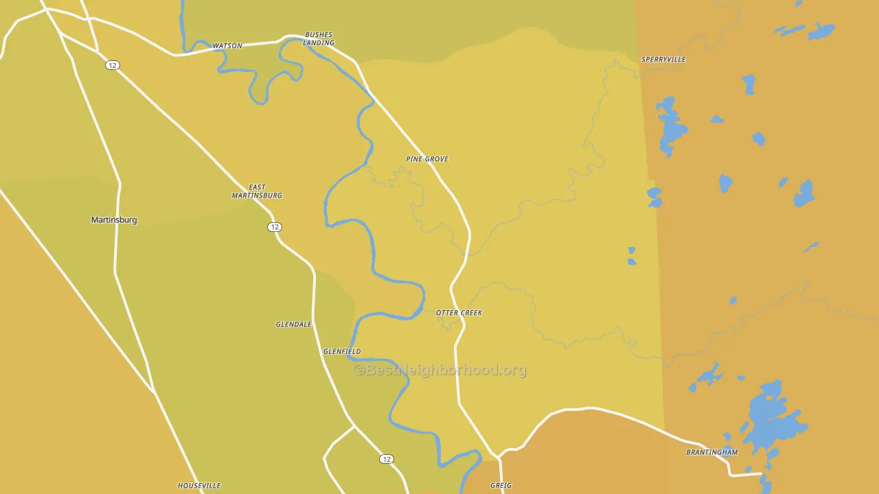 Map of the best neighborhoods in the 13343 area, with better matches in green and worse matches in red