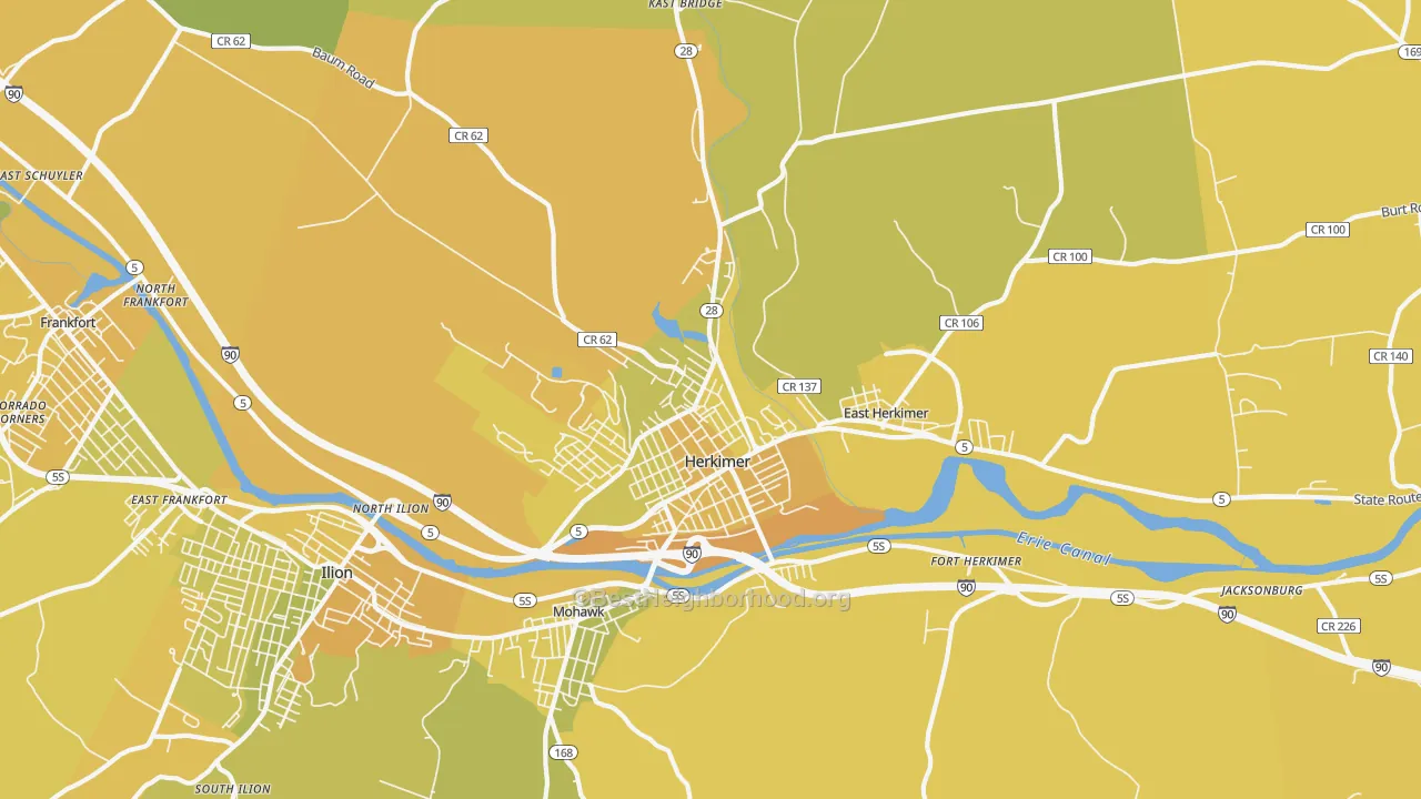 Map of the best neighborhoods in the 13350 area, with better matches in green and worse matches in red