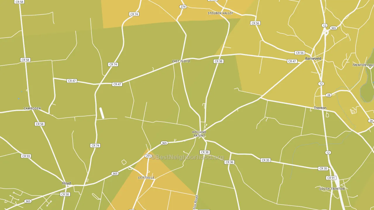 Map of the best neighborhoods in the 13354 area, with better matches in green and worse matches in red
