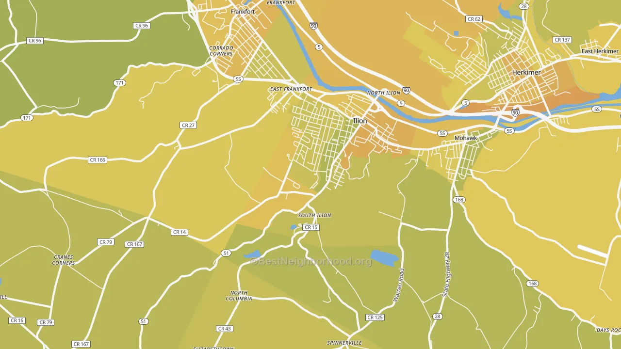 Map of the best neighborhoods in the 13357 area, with better matches in green and worse matches in red