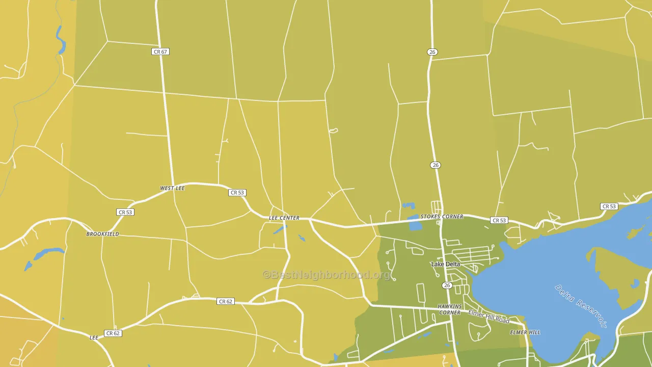 Map of the best neighborhoods in the 13363 area, with better matches in green and worse matches in red