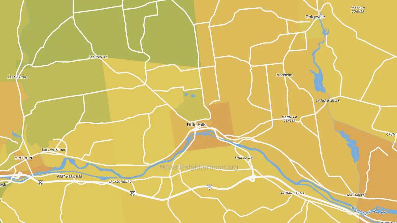 Map of the best neighborhoods in the 13365 area, with better matches in green and worse matches in red