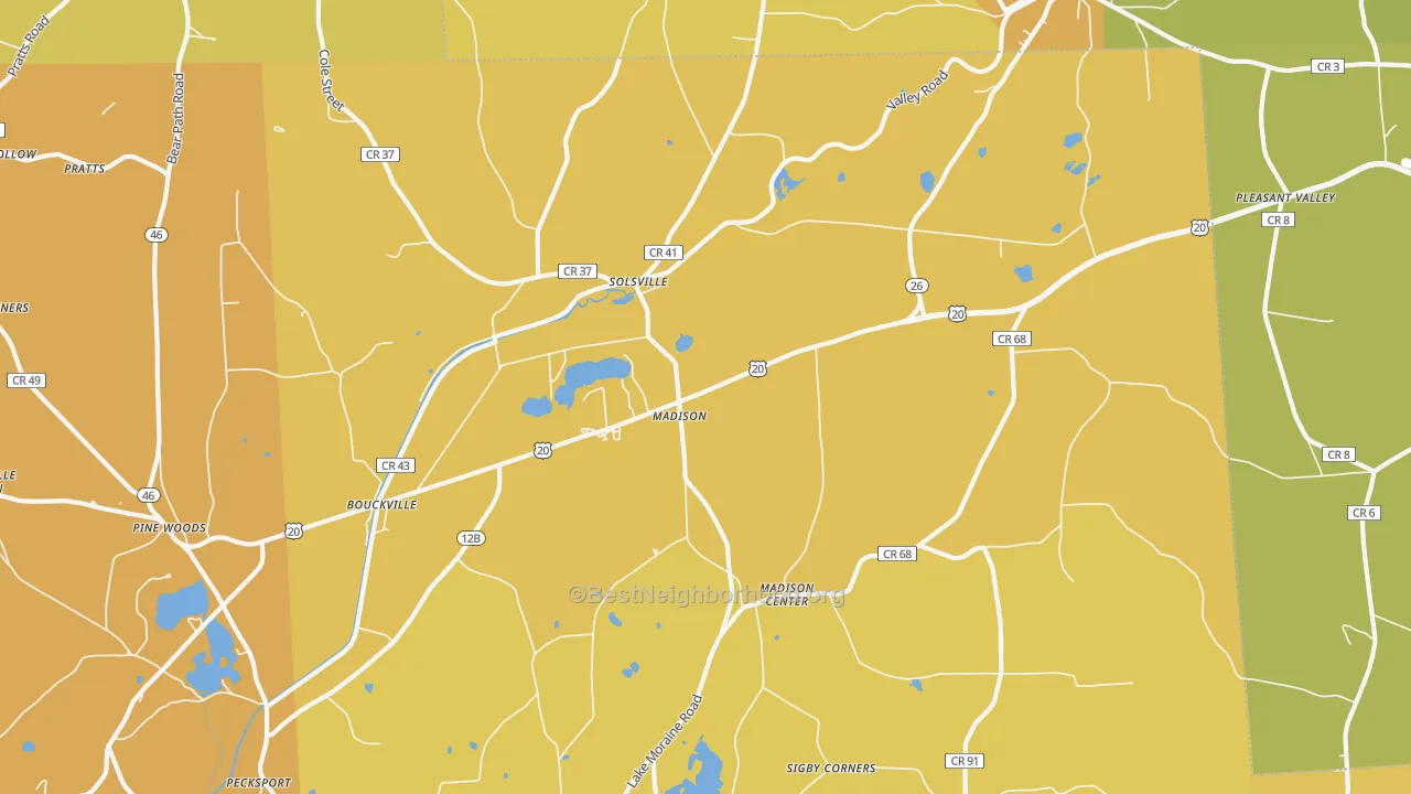 Map of the best neighborhoods in the 13402 area, with better matches in green and worse matches in red