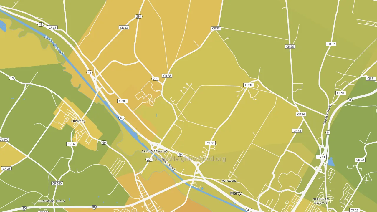 Map of the best neighborhoods in the 13403 area, with better matches in green and worse matches in red